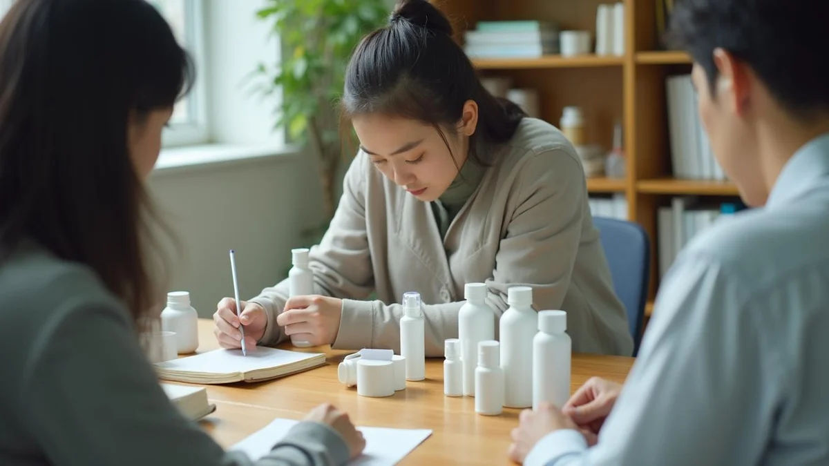 브랜드등록비용은 어떤 항목으로 나뉠까 한국인 창업자가 사무실에서 제품 용기를 살펴보며 출원 서류를 준비하는 모습