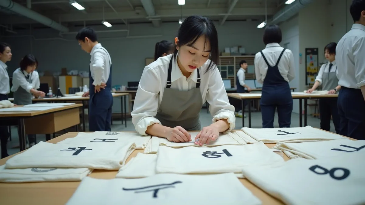 혼자 진행할 때와 대리인을 거칠 때의 차이 디자인 작업실에서 한국인 디자이너가 원단과 로고 도안을 살피는 모습