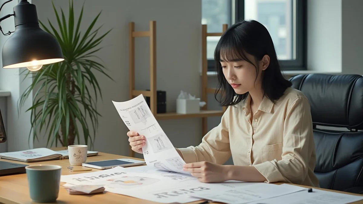 상표와 디자인 중 무엇을 먼저 출원해야 할까 사무실에서 캐릭터 인쇄물과 브랜드 가이드를 대조하며 출원 계획을 세우는 한국인 디자이너
