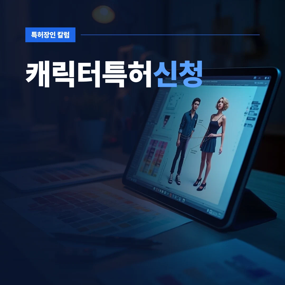 캐릭터특허신청 — 브랜딩을 위한 3D 캐릭터 도면이 띄워진 모니터와 디자인 도구들이 놓인 작업대 위에 캐릭터특허신청을 준비하는 모습