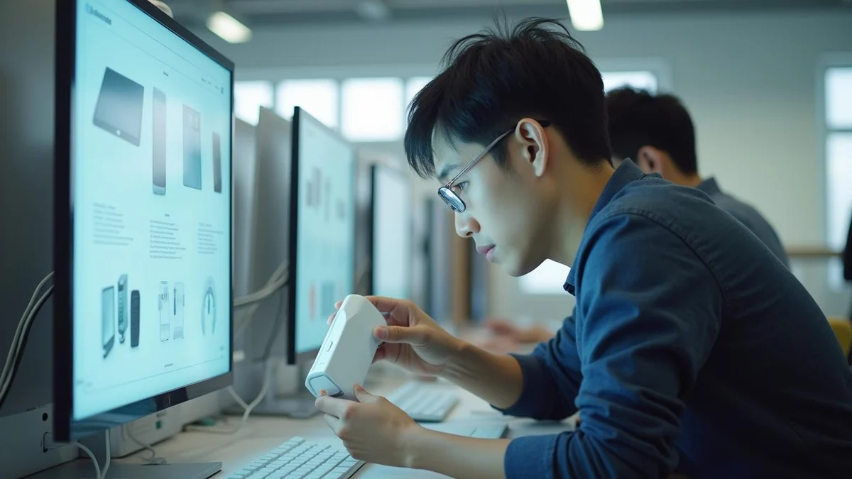 네 가지 권리 한눈에 보기 한국인 개발자가 작업대에서 금속 부품의 규격을 정밀하게 측정하는 모습