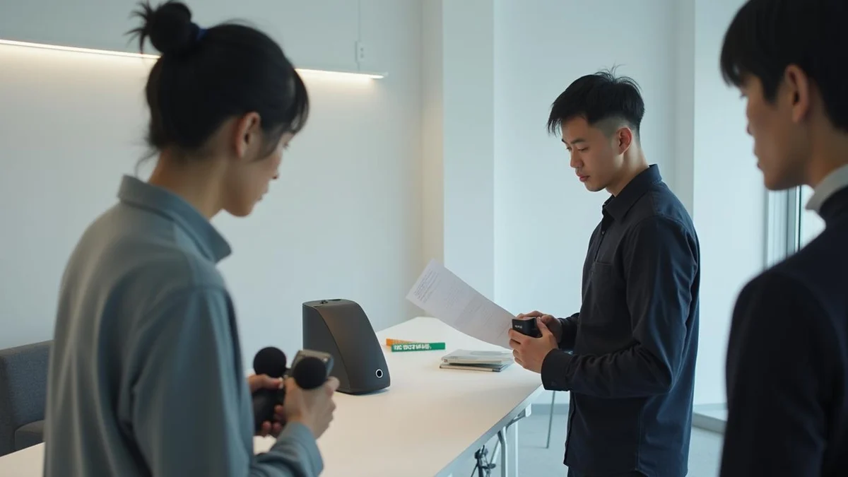 한국인 디자이너가 작업실에서 제품 외관 모형을 살피며 서류 일정을 점검하는 모습