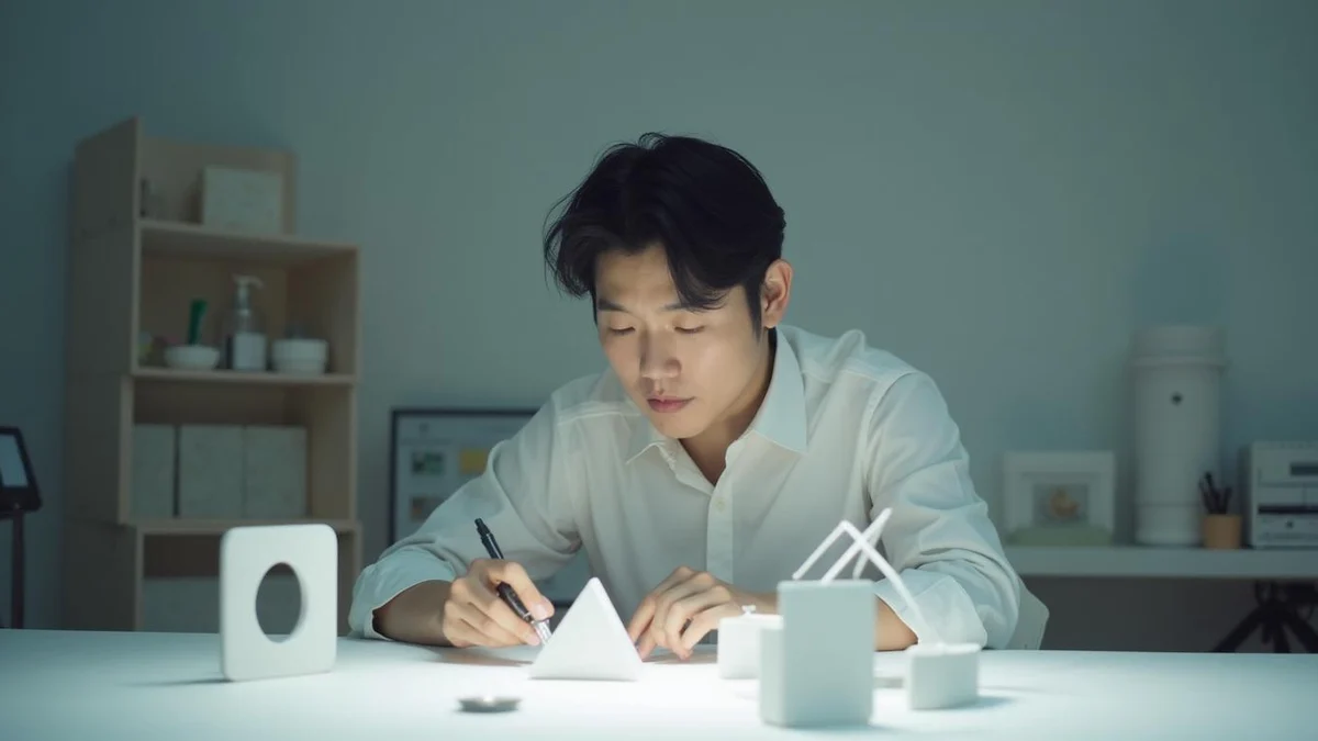 디자인특허내는법 첫 단계는 무엇을 보호할지 정하기 한국인 디자이너가 작업실에서 시제품 외관을 살펴보는 모습