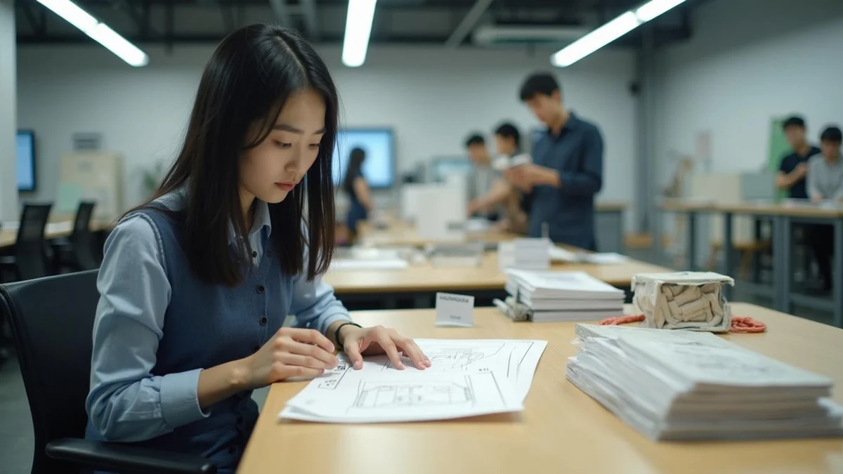 검색창에 제품 이름만 넣으면 왜 놓치는 건이 생길까 한국인 연구원이 물품 분류 체계와 형태 스케치를 대조하는 모습