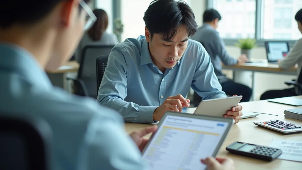 의장등록비는 어떤 항목으로 구성될까 서울의 한 사무실에서 한국인 디자이너가 태블릿을 이용해 관납료와 수수료 항목을 검토하는 모습