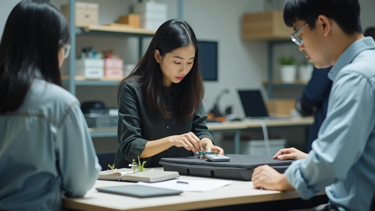 공개 일정을 점검하며 신제품 하드웨어를 보호 케이스에 정리하는 한국인 제작자