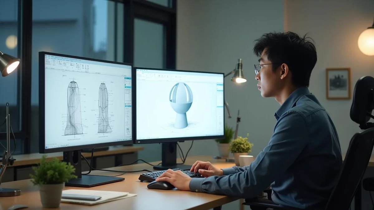특허와 디자인권 중 어떤 권리가 더 유리할까요 사무실 모니터로 특허 도면과 3D 디자인 모델을 비교 분석하고 있는 한국인 창업자