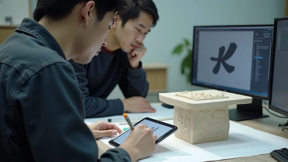 작업실에서 책상 3D 모델링과 로고 디자인을 병행하는 한국인 디자이너