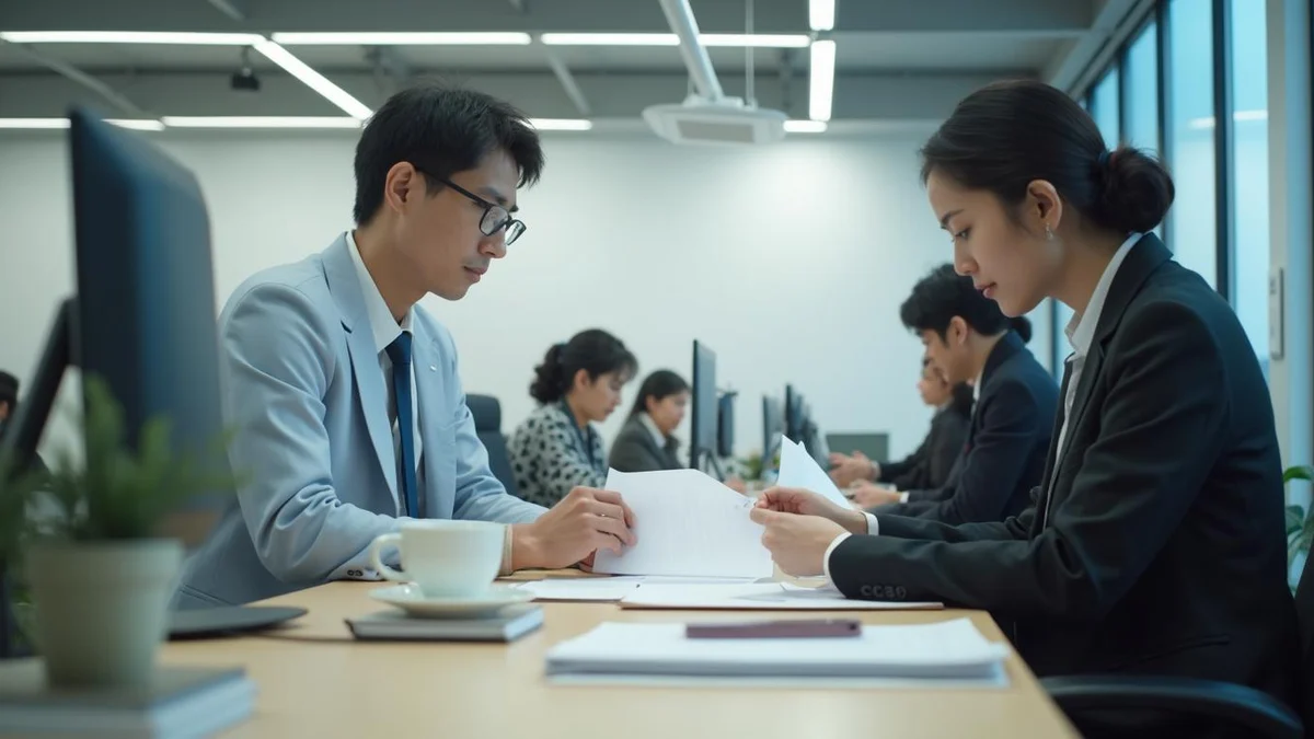 사무실에서 상표 출원 서류와 브랜드 자료를 정리하는 한국인 대표