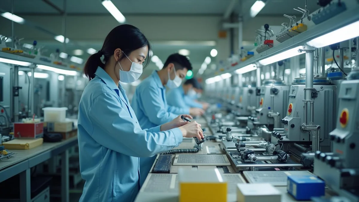 공장 조립 라인에서 생산 설비 부품을 직접 조율하는 한국인 관리자