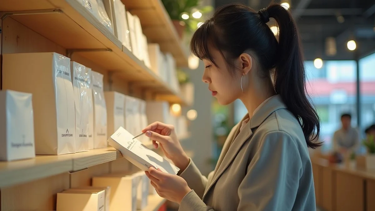 사업자등록만 마쳤는데 일반상표등록 꼭 따로 내야 할까 신규 문구 매장에서 브랜드 종이 상품을 점검하는 한국인 창업자
