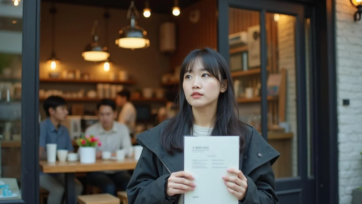 사업자등록만 마친 상태라면 안전할까 새로 개업한 카페 앞에서 사업자등록증을 들고 고민하는 한국인 창업자