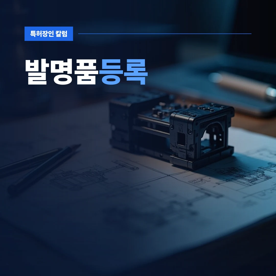 발명품등록 — 테이블 위에 놓인 정밀한 하드웨어 개발 시제품과 이를 둘러싼 설계 도면 및 도구들
