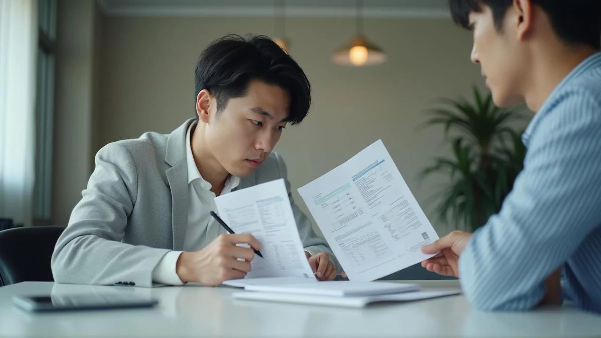 회의실에서 두 가지 기술 명세서의 구성을 비교하며 분석하는 한국인 대표