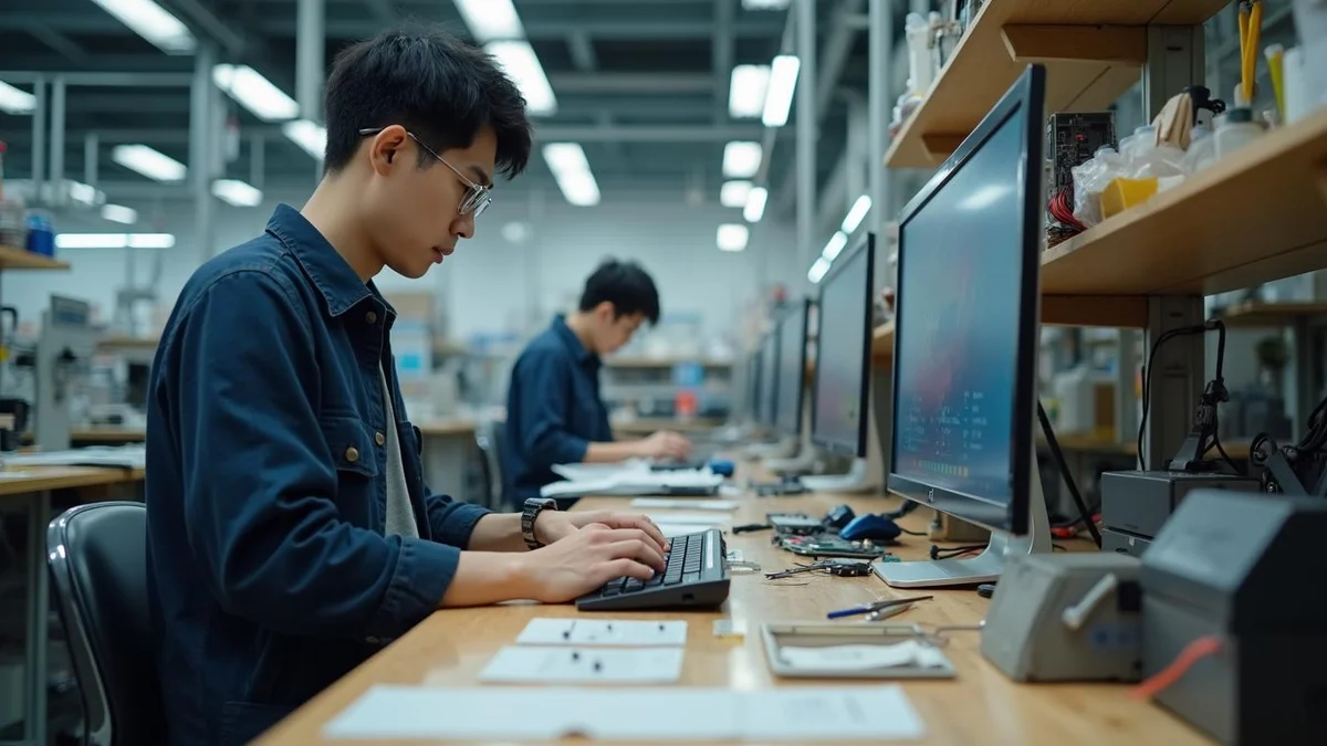 온라인으로 서류를 내는 절차는 어떻게 흘러갈까 한국인 기술자가 작업실에서 하드웨어 부품을 다루며 특허 전자 출원 준비를 진행하는 모습