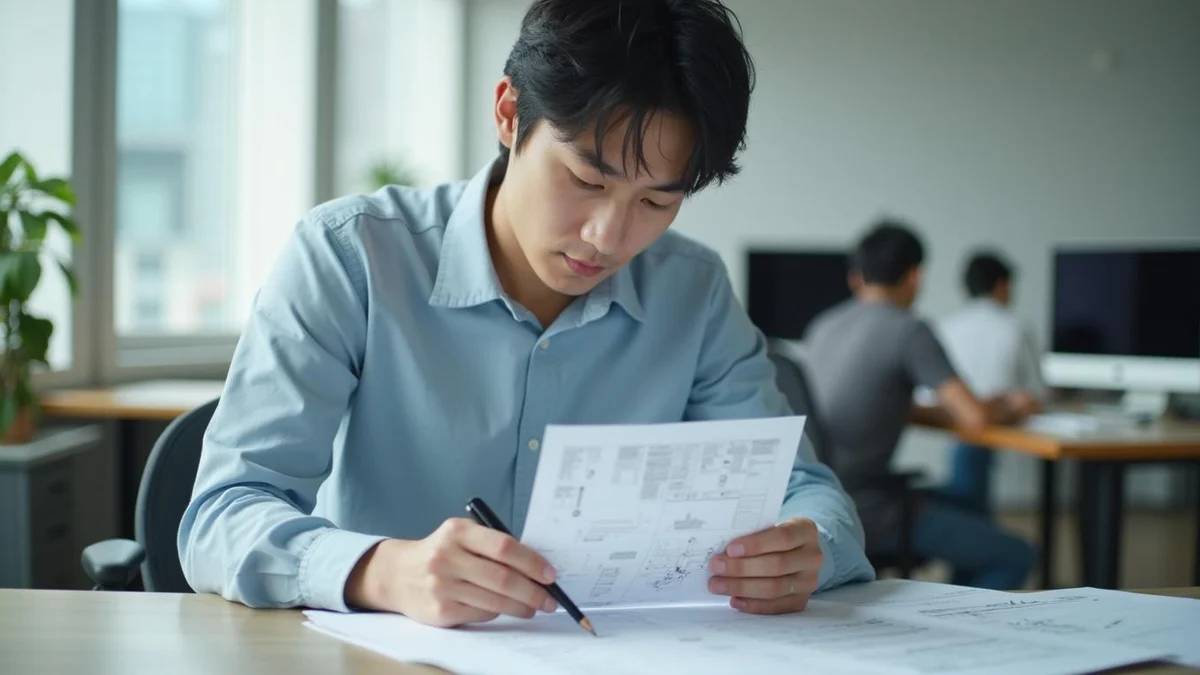 한국인 스타트업 대표가 기술 도면과 관련 서류를 일자별로 정리하는 모습