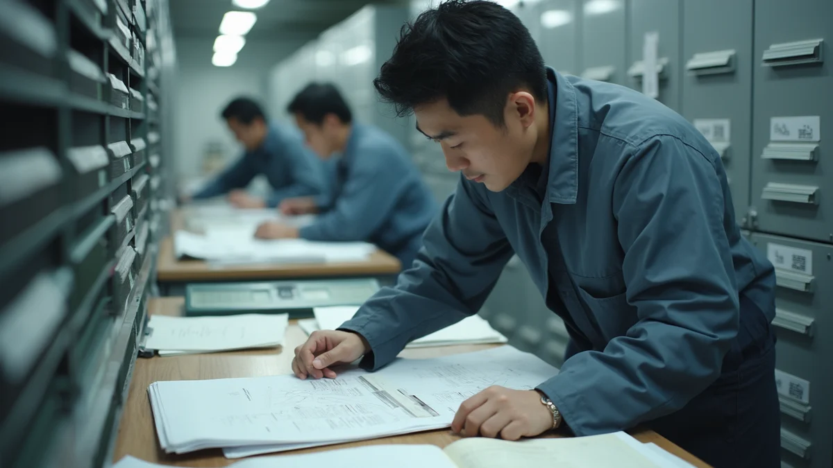 보안 문서실에서 기술 개발 이력과 연구 노트를 정리하는 한국인 전문가