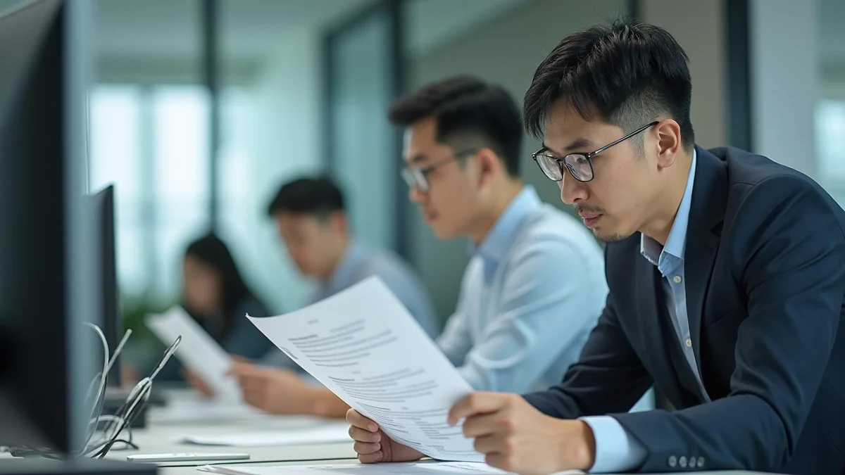 무효심판은 어떤 상황에서 청구할까 사무실에서 경고장 서류와 기술 문서를 정밀 검토하는 한국인 사업가