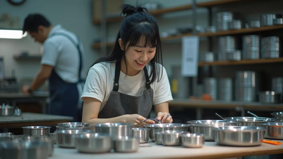 금속 가공 공방에서 제작된 하드웨어 제품을 면밀히 검토하는 한국인 대표