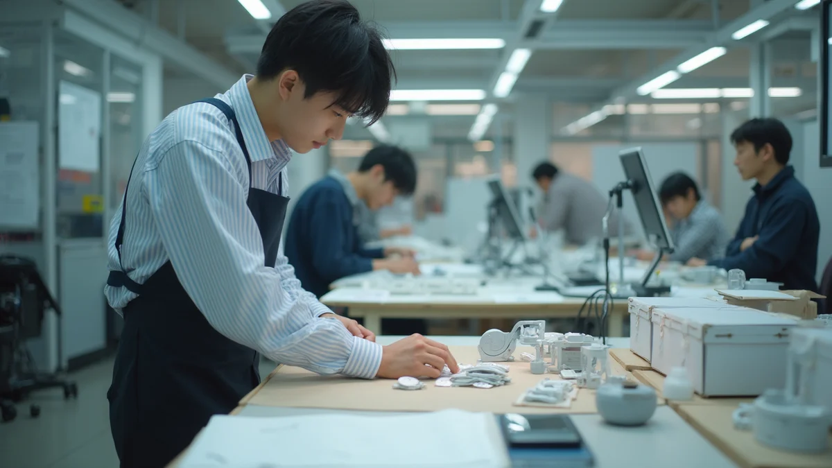 디자인 스튜디오에서 실제 시제품 부품들을 정돈하며 자료를 준비하는 한국인 디자이너