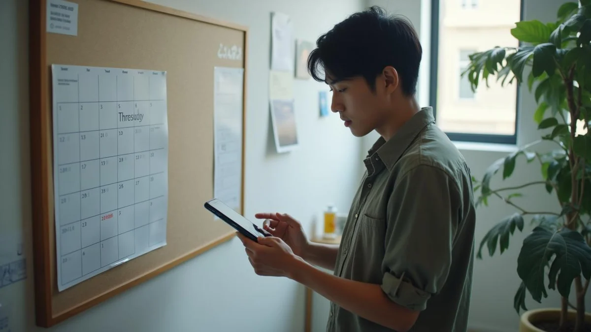 한국인 창업가가 사무실에서 제품 공개 날짜를 확인하며 달력을 체크하는 모습