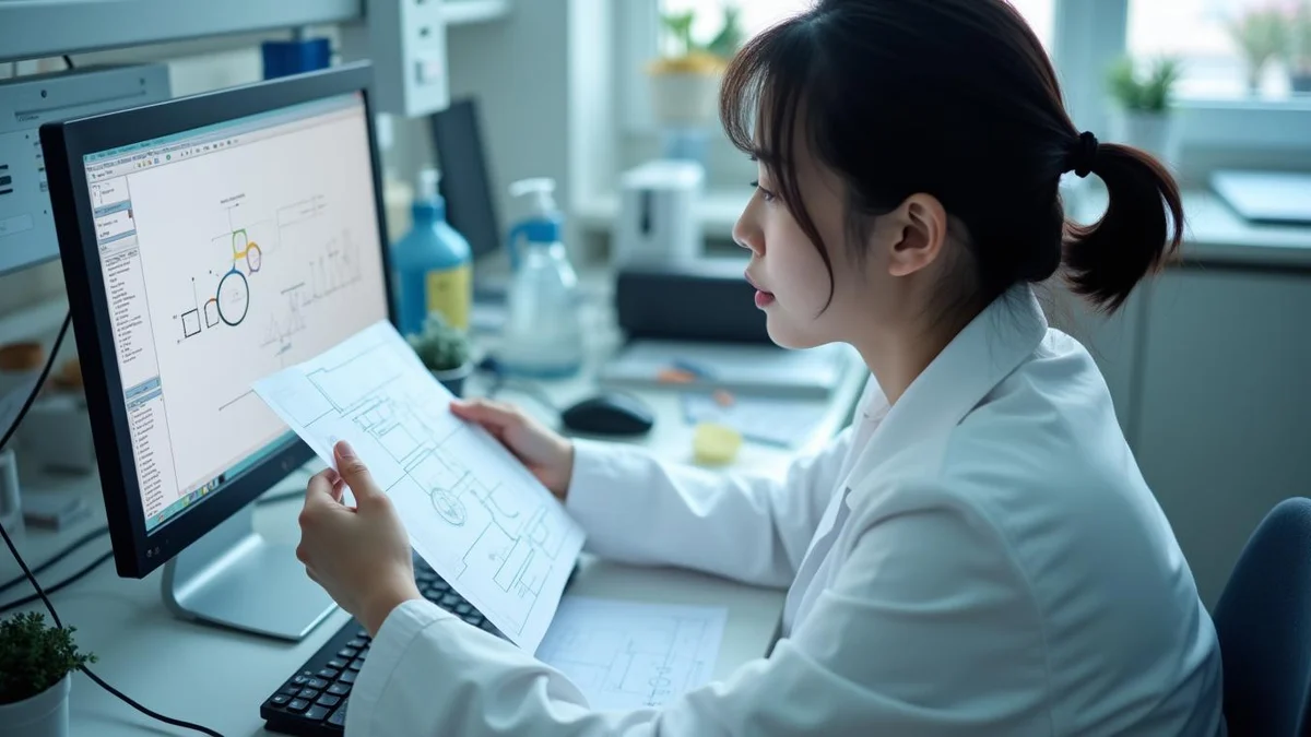 한국인 연구원이 연구소에서 기술 도면과 데이터베이스를 비교 조사하는 장면