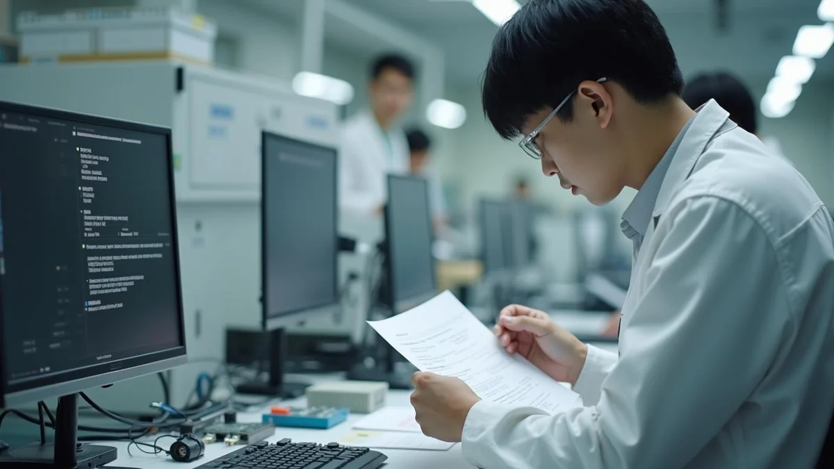 등록결정을 받은 뒤 특허등록료납부 왜 필수일까 한국인 창업자가 전자 연구실 작업대에서 공식 통지 서류를 들고 부품 규격을 확인하는 모습