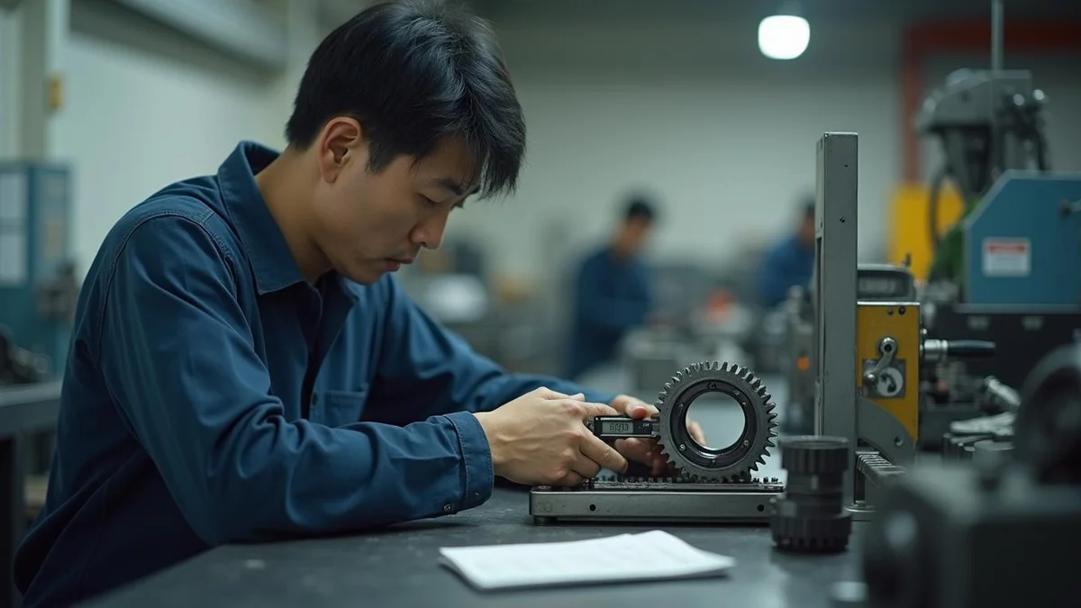 특허등록료 금액과 비용 구성은 무엇으로 결정될까 한국인 기계 엔지니어가 금속 가공 작업실에서 캘리퍼스로 기어 부품을 정밀 측정하는 모습