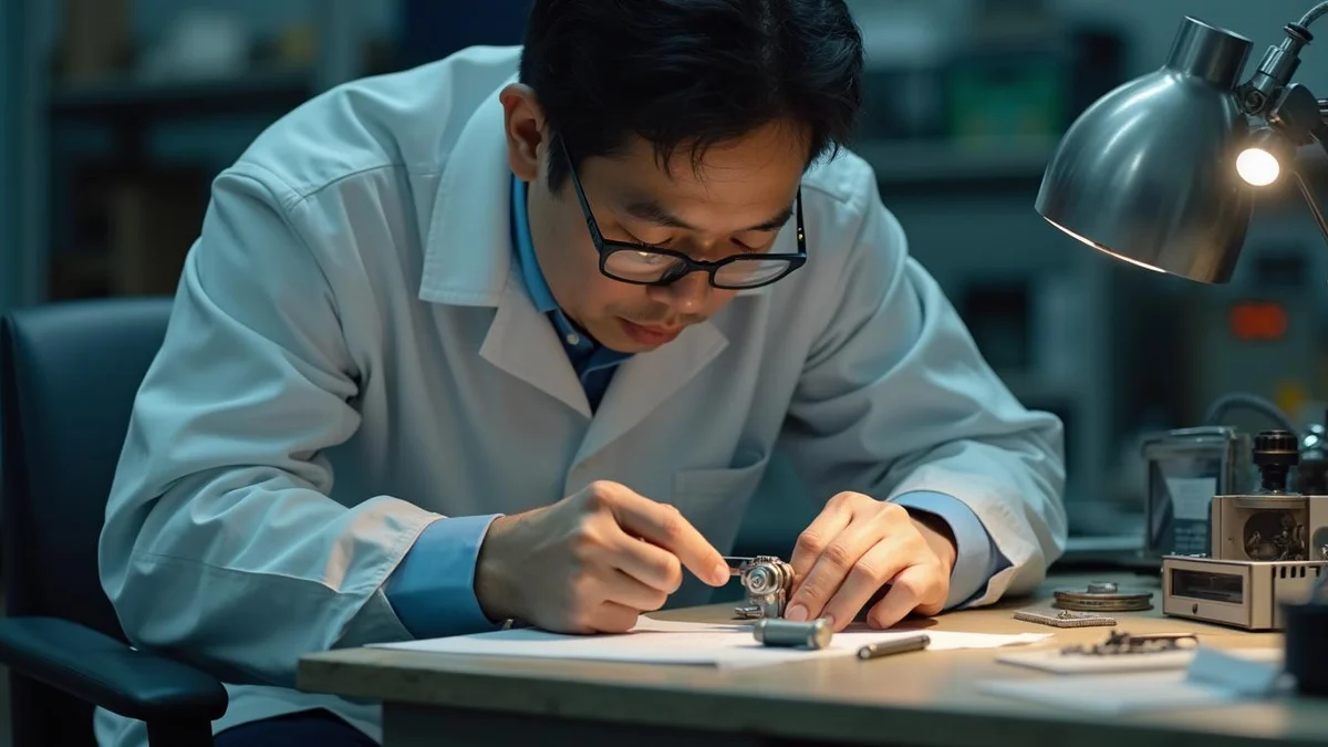 심사관이 특허등록거절사유를 통지하는 세 가지 이유 한국인 하드웨어 개발자가 작업실에서 정밀 기계 부품의 치수를 측정하는 모습