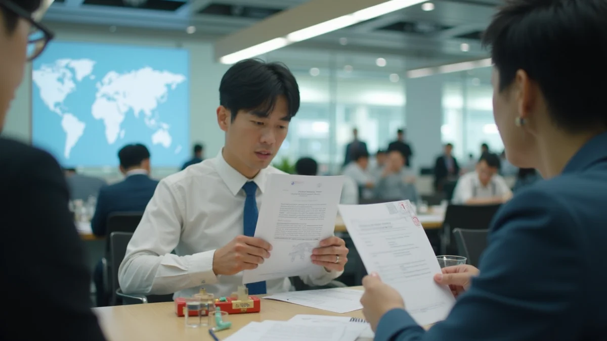 한국인 비즈니스맨이 공항에서 해외 디자인 출원을 위한 우선권 주장 서류를 확인하는 모습