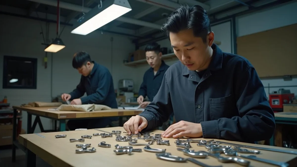 제작 스튜디오 작업대에서 가공 부품 샘플을 정리하는 사업체 대표