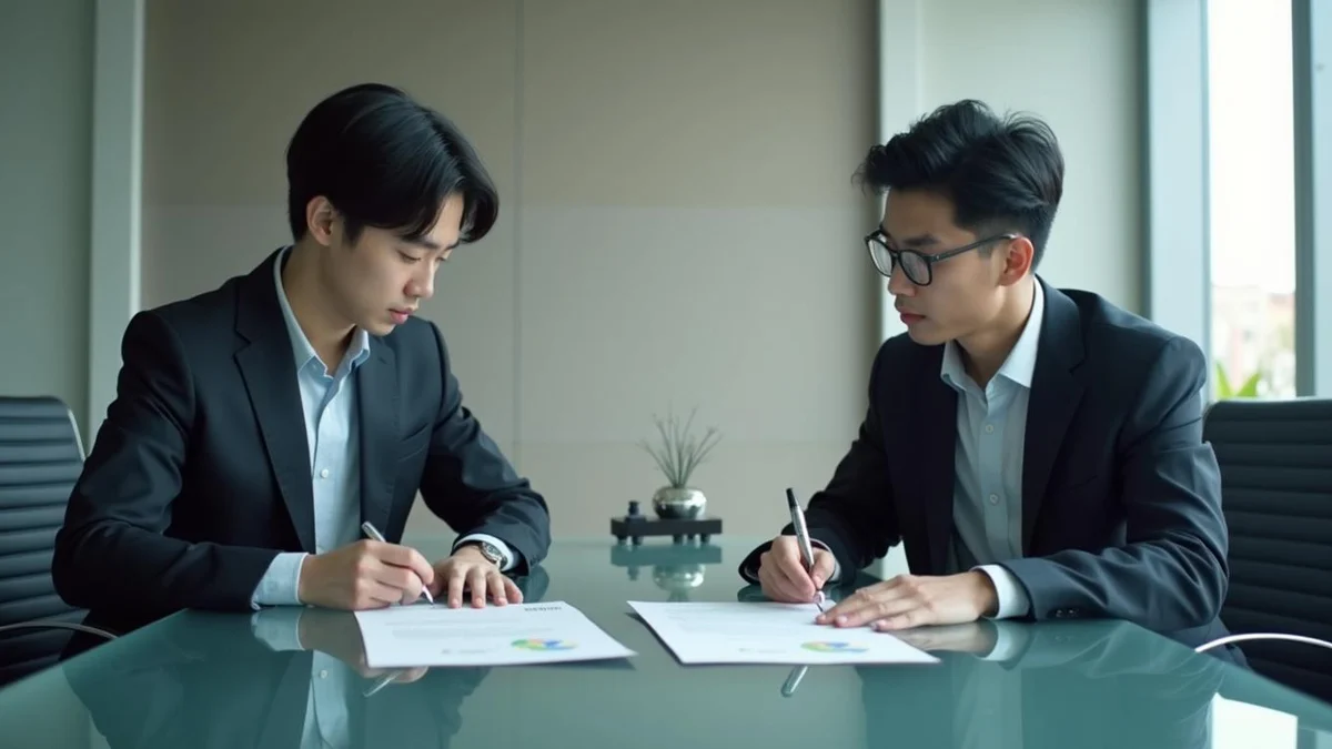 기술자료 요구를 받았을 때 작성해야 할 필수 문서 회의실에서 비밀유지계약서에 서명하는 한국인 비즈니스 관계자들