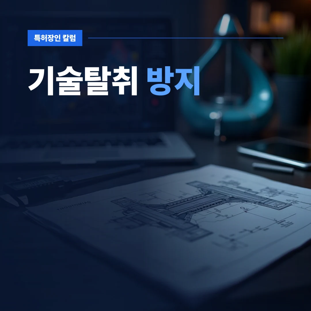 기술탈취 방지 — 정교한 기계 설계 도면과 측정 도구가 놓인 책상 위로 보이는 기술탈취 방지 상황