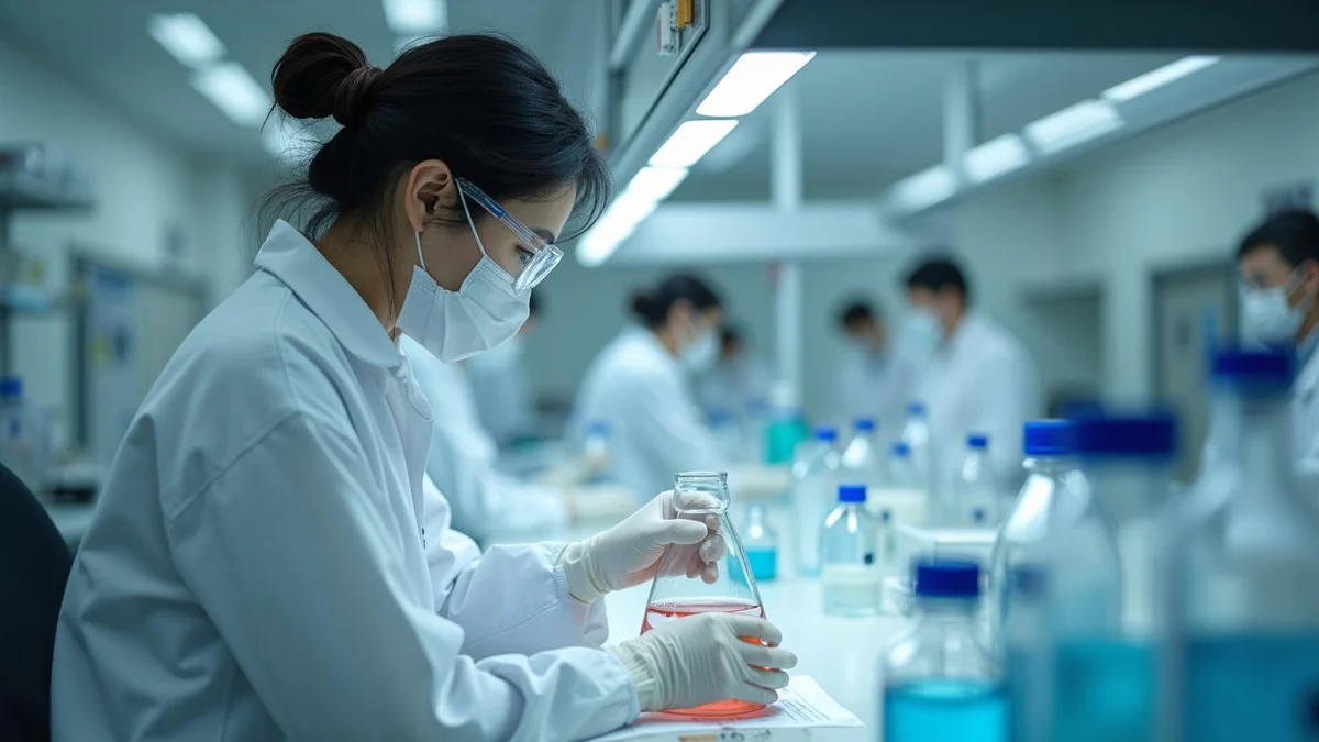 기술탈취 방지를 위한 특허 출원과 비밀 관리 비교 연구실에서 배합 비율을 분석하며 비밀 기술을 다루는 한국인 연구원