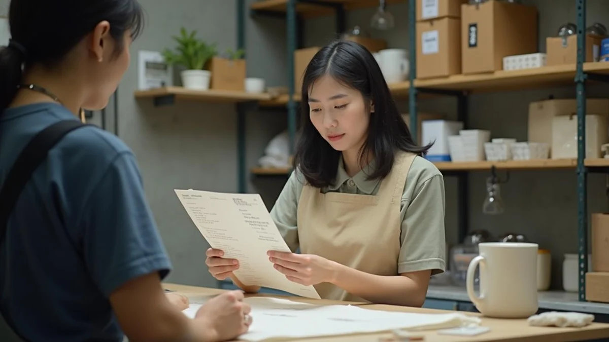 간판을 제작하기 전 오늘 당장 확인해야 할 점검 사항 공방에서 메뉴와 간판 시안을 확인하는 한국인 매장 관리자