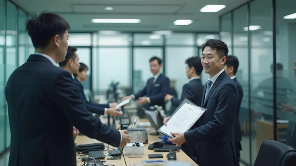 한국인 관리자가 제조 공장 사무실에서 비밀유지계약 서류를 전달하는 모습