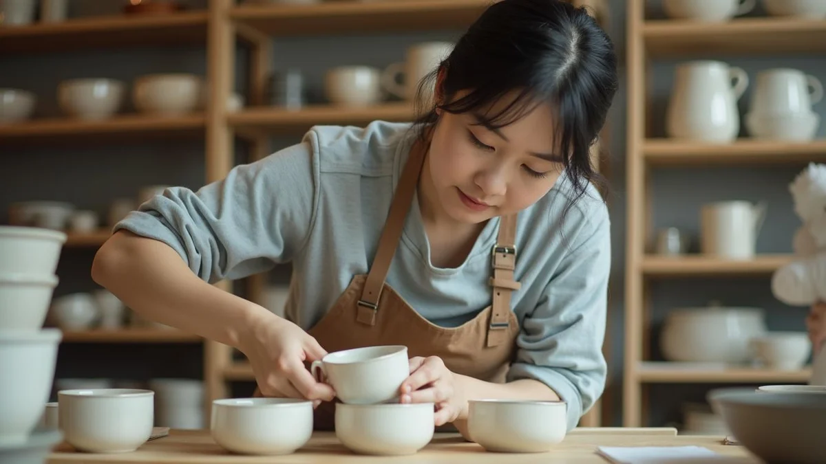 상표등록하기 전에 사업자등록만 믿으면 생기는 일 공방 매장 선반에 완성된 도자기 식기를 정리하는 사업자