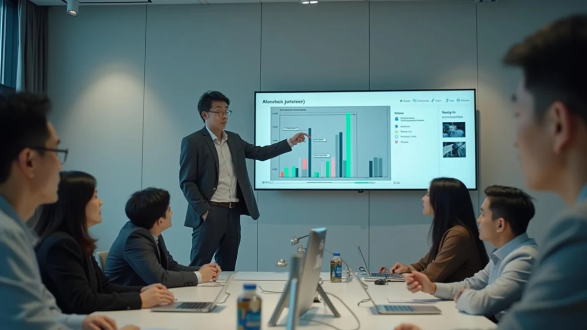 대출과 투자 유치 전에 특허평가 왜 필요한가 서울의 현대적인 회의실에서 투자자들에게 기술 발표를 진행하는 한국인 창업자