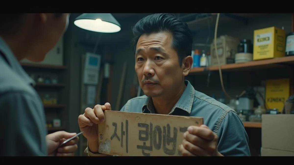 한국인 소상공인이 공방에서 손상된 브랜드 간판을 들고 걱정스러운 표정을 짓고 있는 모습